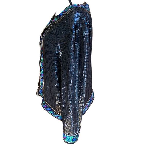 Stenay Vintage 80s Silk Sequins Dinner Jacket Black w/ Multicolor Trim Lined Lg - Picture 6 of 11